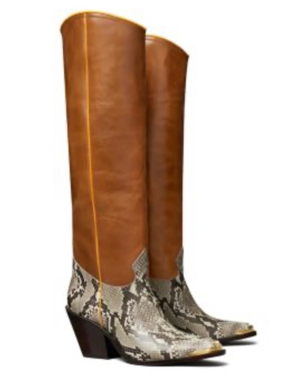 Tall Two-Tone Leather & Snake-Print Women's Boots - Brown/Beige - Tory Burch